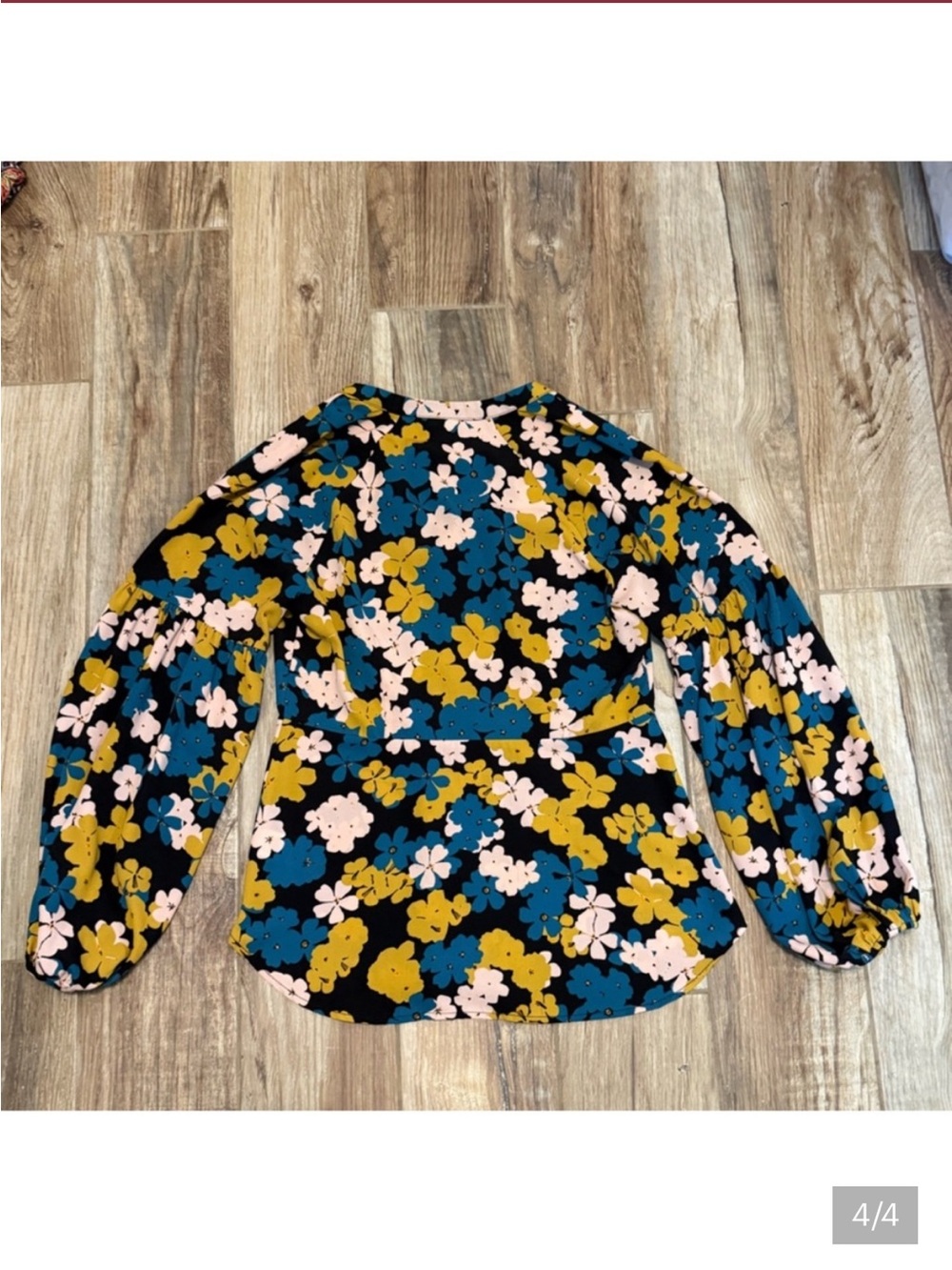 CAbi Floral Puff-Sleeve Blouse - Black, Teal & Mustard